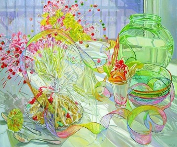 blossoming flowers and glass wares JF realism still life Oil Paintings